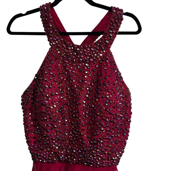 Sherri Hill Beaded Halter Back Fit & Flare Burgundy Ball Gown – Size 18 - Picture 5 of 13